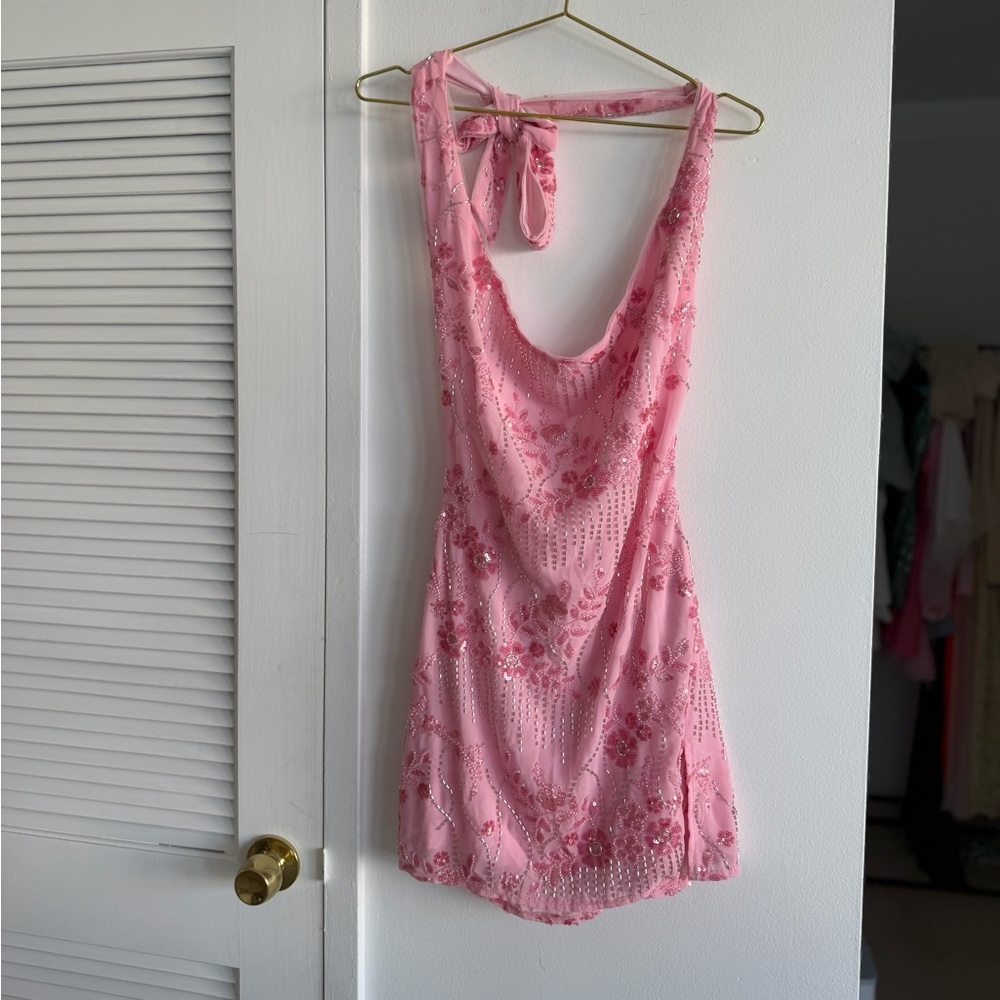 Embroidered Floral Halter Mini Dress in Pink Small